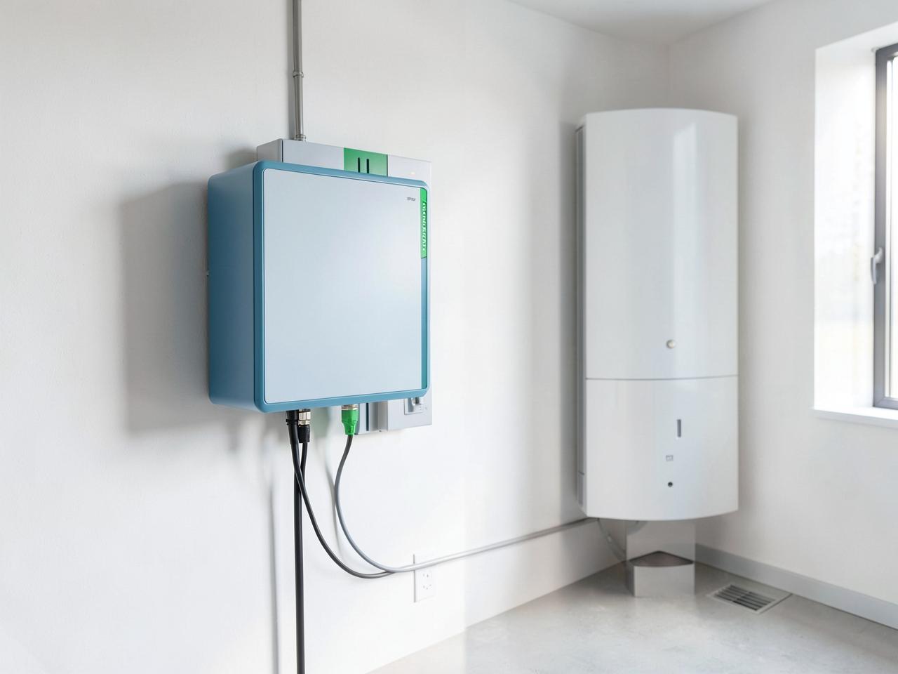 Moderner Batteriespeicher und Wärmepumpe im Hausanschlussraum