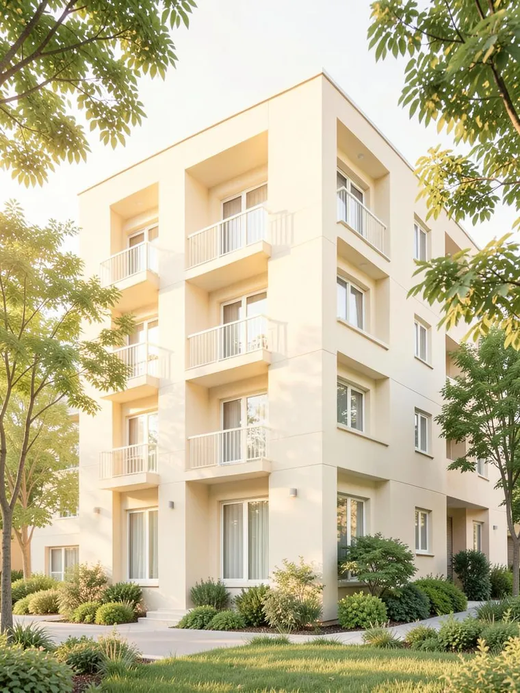 Helle moderne Wohnimmobilie mit Bäumen und begrünter Außenanlage