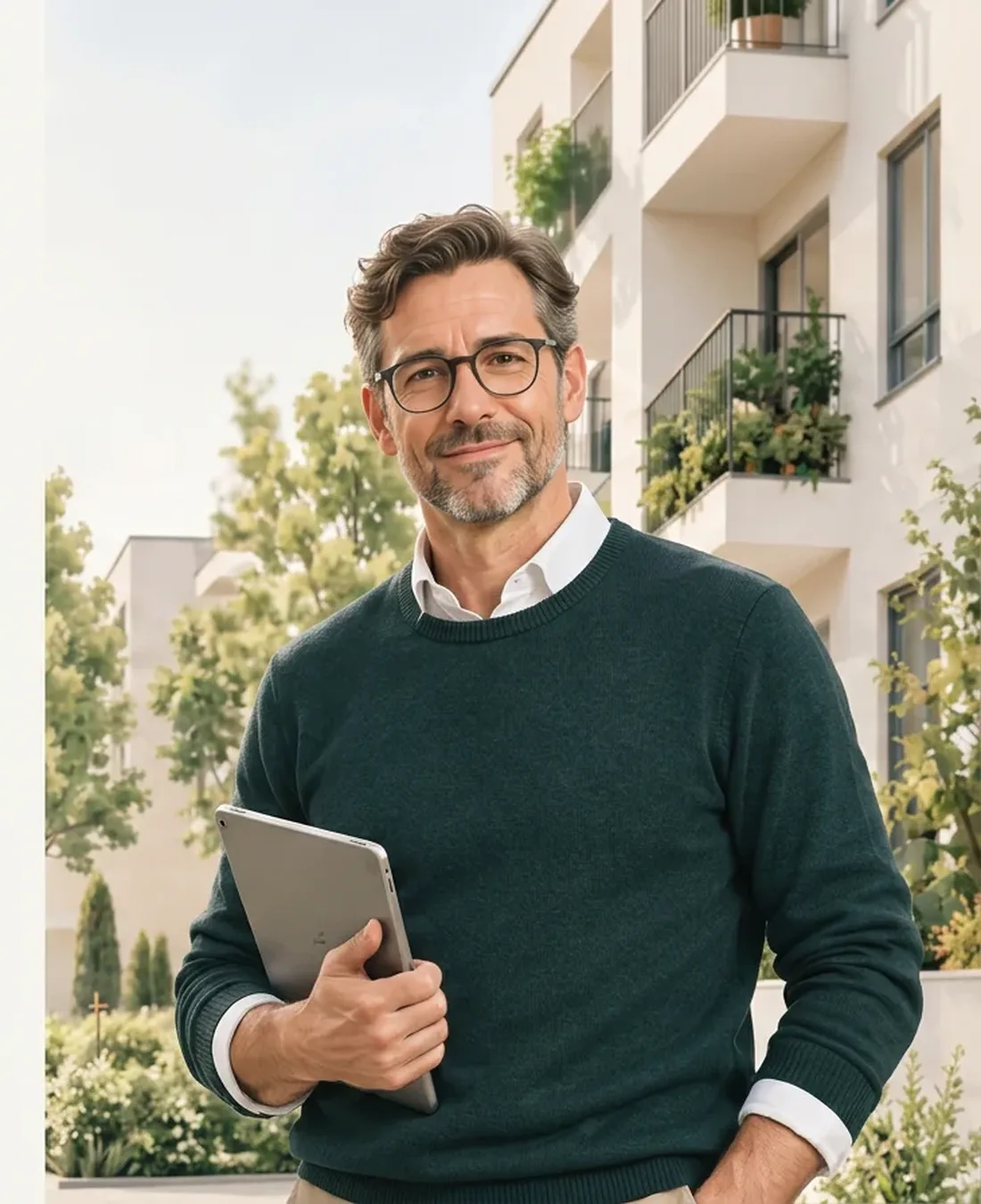 Max, der fiktive digitale Assistent von HausverwalterMax, mit Tablet vor einer modernen Wohnimmobilie