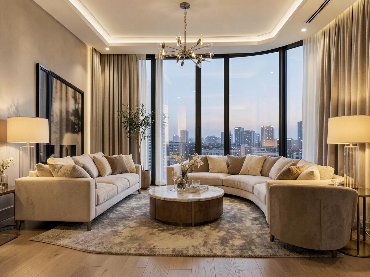 Elegant eingerichtetes Wohnzimmer mit Blick über die Stadt
